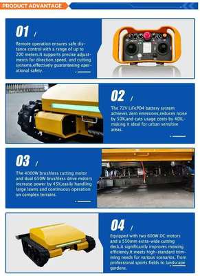 Intelligente grasmaaier met afstandsbediening, met lithium-ijzerfosfaat (LiFePO4) -batterij, vierwielaandrijving, energiebesparend en milieuvriendelijk, en 3 uur continue werking.